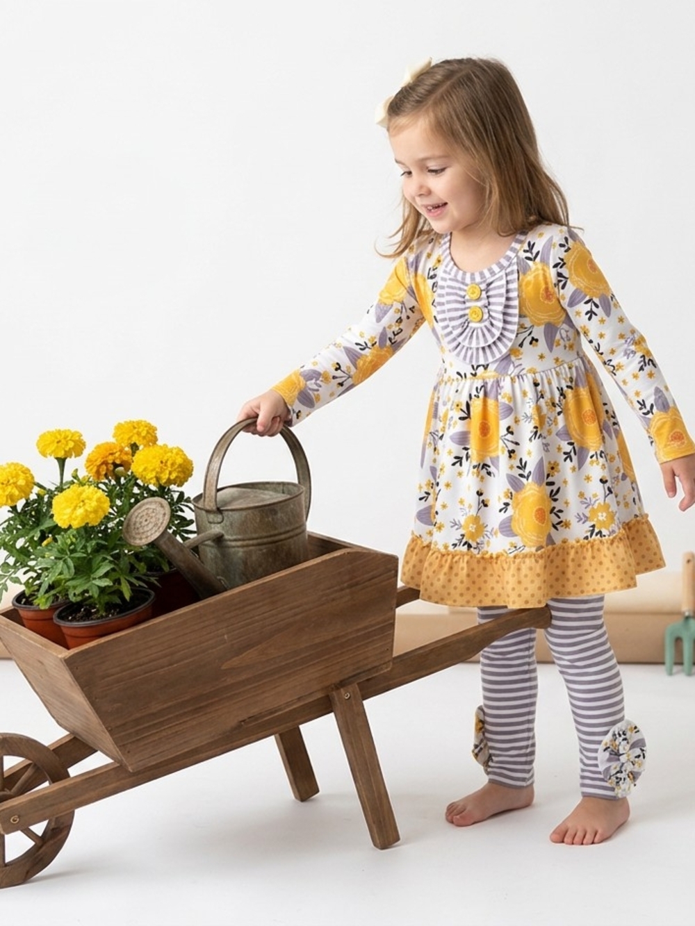 Girls Yellow Floral Long-Sleeve Dress with Striped Leggings